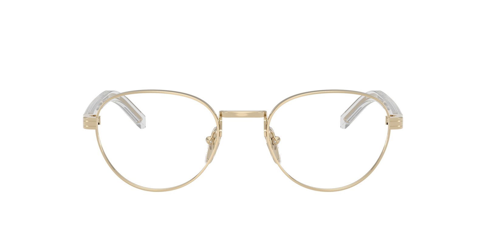 Das Bild zeigt die Prada Brille B53V in Hellgold von vorne.
